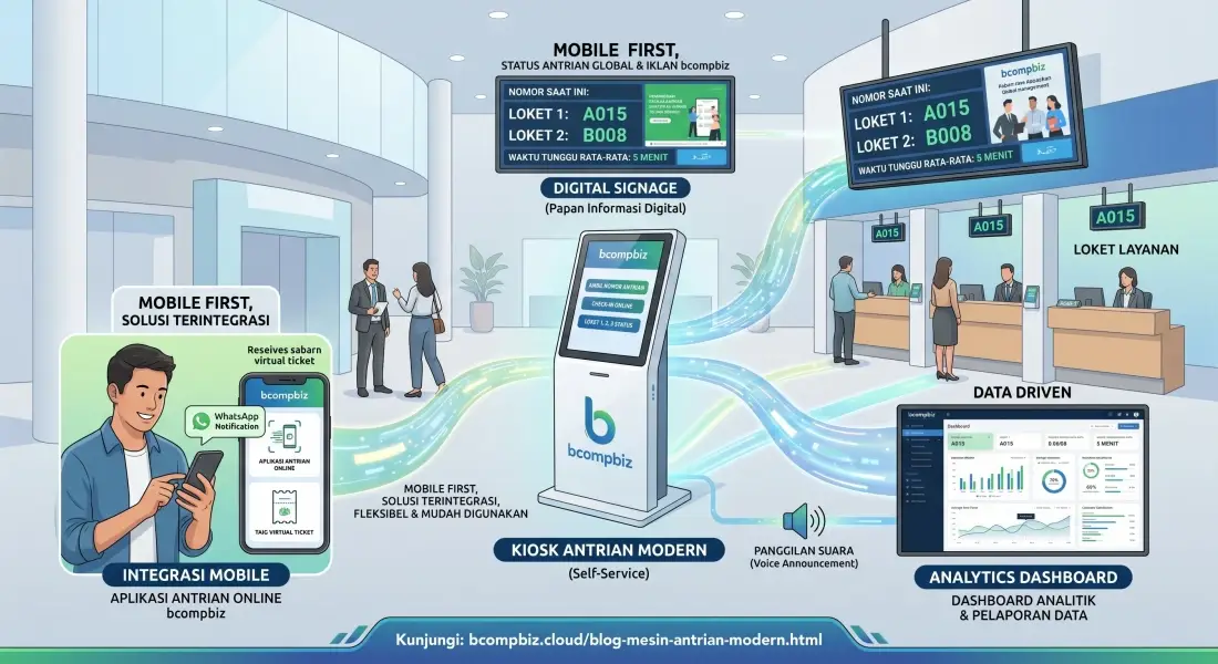 Sistem mesin antrian modern berbasis digital dan cloud dengan kiosk baja SPCC elegan dari Bcompbiz