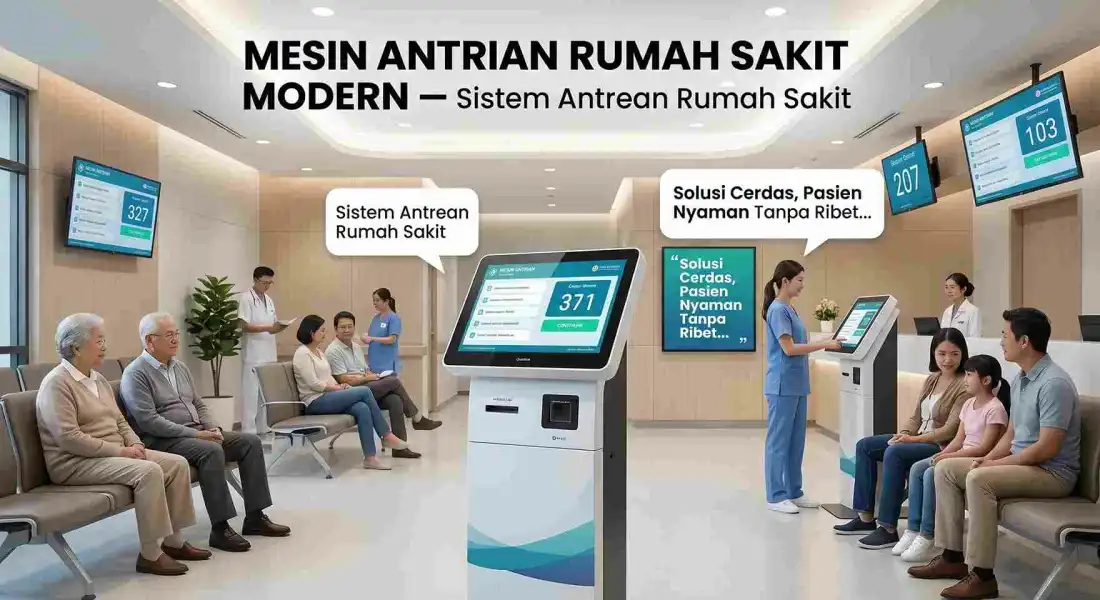 Kiosk mesin antrian rumah sakit digital layar sentuh untuk pendaftaran mandiri pasien dan integrasi BPJS dari BCOMPBIZ Digital Teknologi