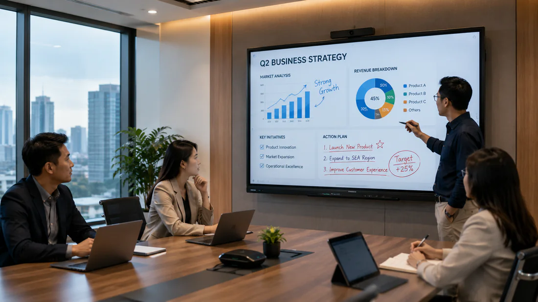 Smartboard interaktif Bcompbiz untuk kolaborasi tim dan rapat korporat