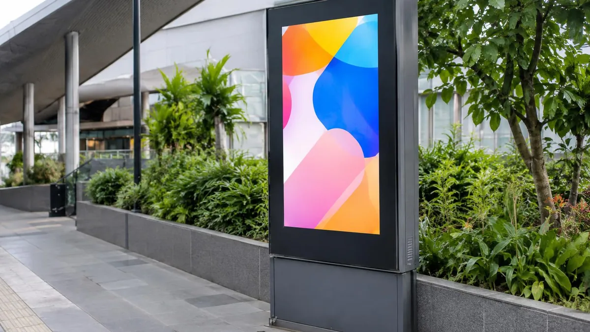 Perangkat digital signage outdoor generik di area komersial terbuka dengan layar bergambar abstrak