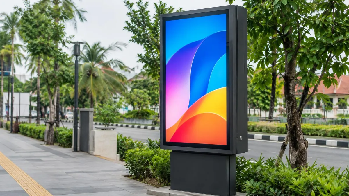 Perangkat digital signage outdoor generik di area komersial terbuka dengan layar bergambar abstrak