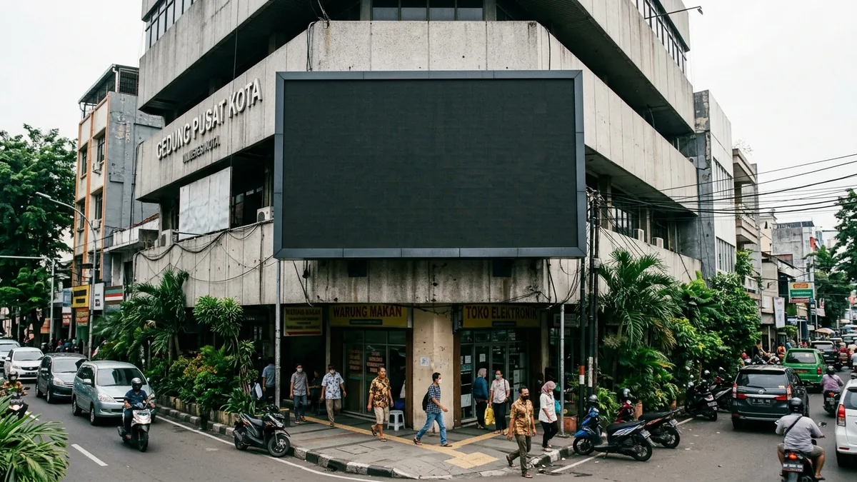 Videotron LED outdoor generik terpasang pada fasad bangunan komersial di lingkungan perkotaan Indonesia