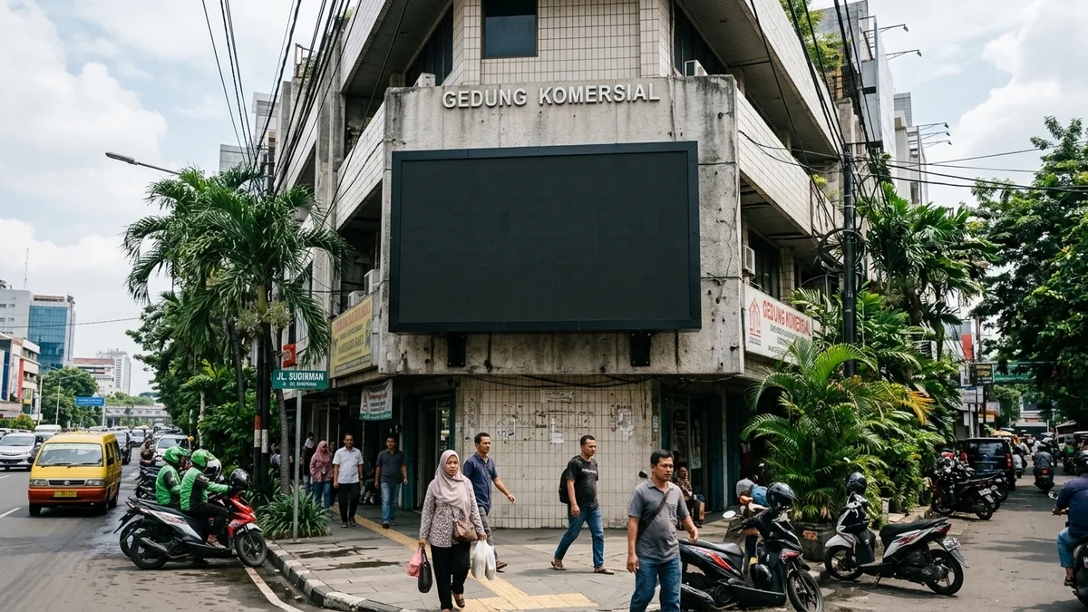 Videotron LED outdoor generik terpasang pada fasad bangunan komersial di lingkungan perkotaan Indonesia