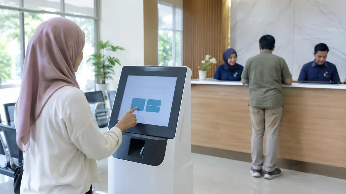 Mesin antrian generik di area penerimaan rumah sakit dengan pasien dan petugas