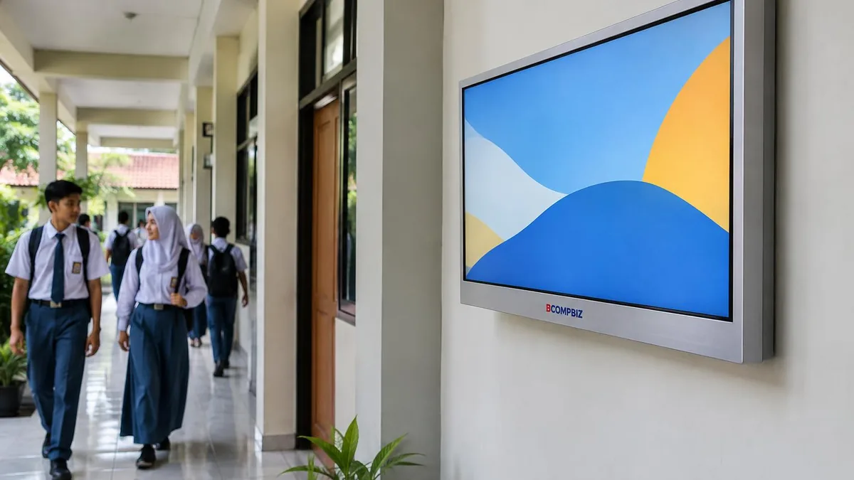 Layar digital signage generik di koridor sekolah dengan siswa berlalu-lalang