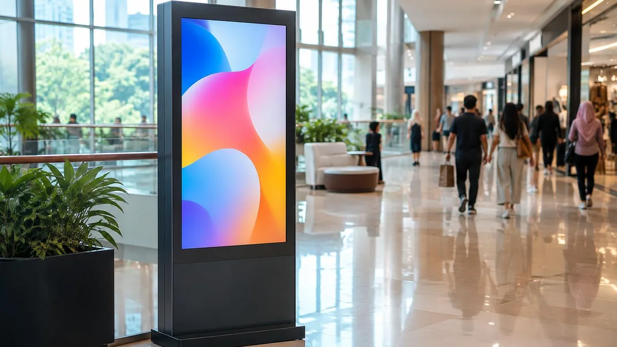 Layar digital signage berdiri di koridor pusat perbelanjaan dengan pengunjung di latar