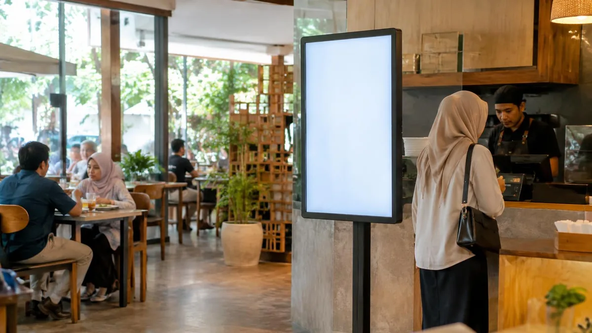 Layar digital signage generik di area pemesanan sebuah restoran di Indonesia