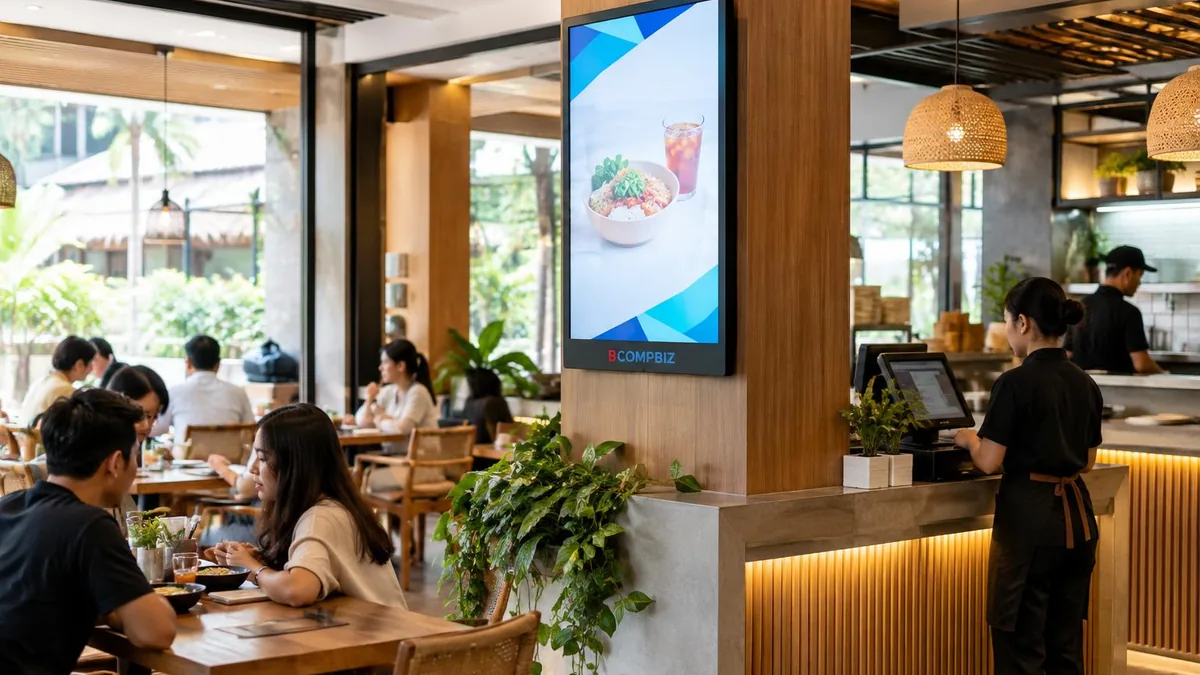 Layar digital signage generik di area pemesanan sebuah restoran di Indonesia