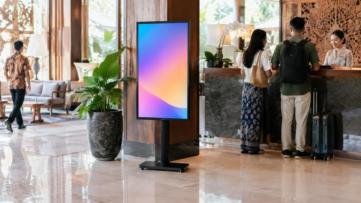 Layar digital signage generik di lobi hotel dengan pencahayaan alami