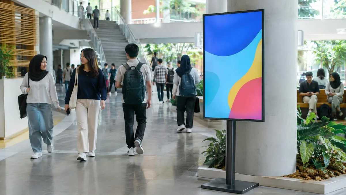 Layar digital signage generik di lobi kampus dengan mahasiswa berlalu-lalang