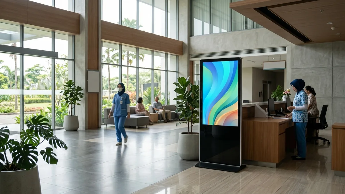 Layar digital signage berdiri tegak di lobi rumah sakit modern yang terang dengan latar belakang area pendaftaran.
