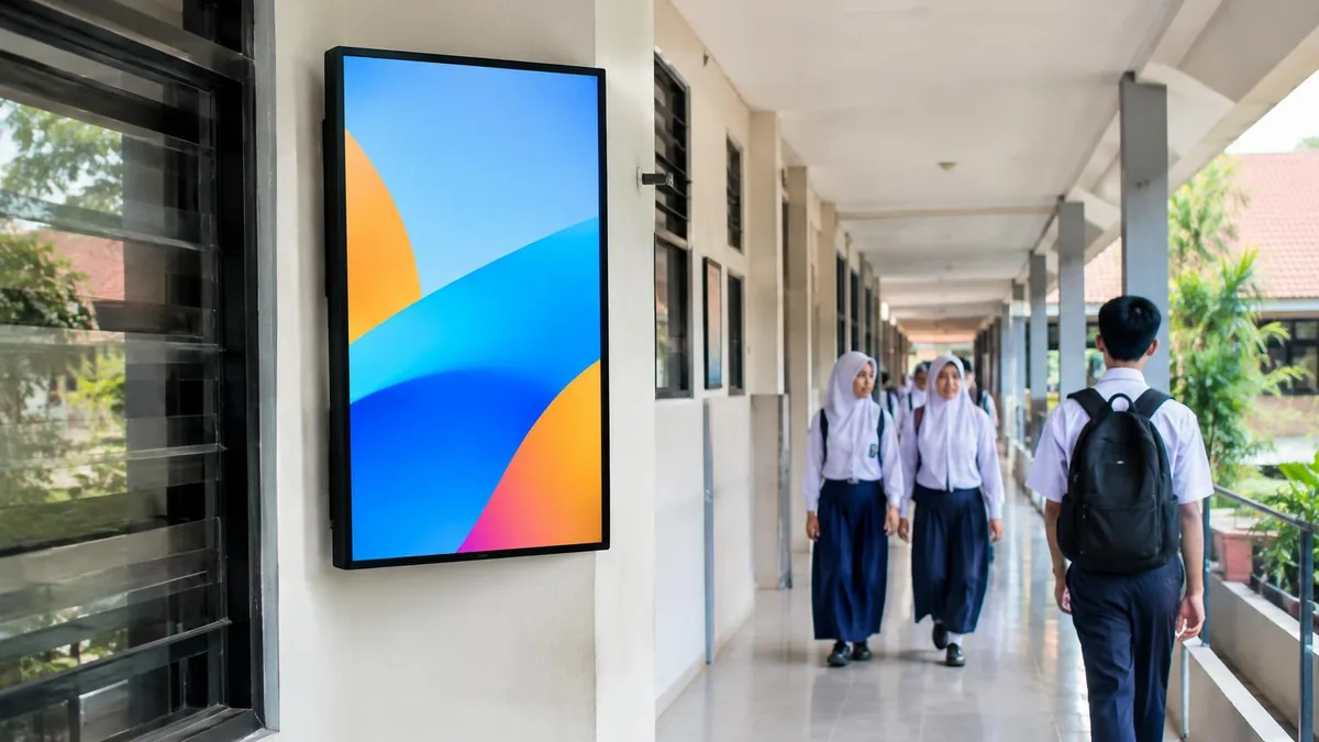 Layar digital signage generik di koridor sekolah dengan siswa berlalu-lalang