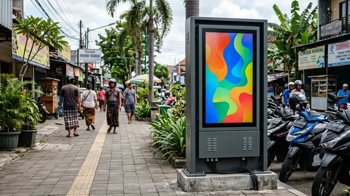 Perangkat digital signage outdoor generik di area komersial terbuka dengan layar bergambar abstrak