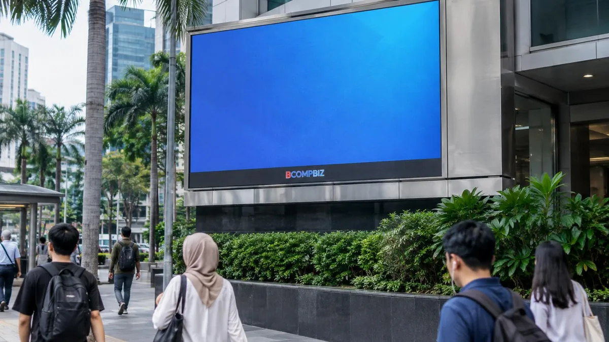 Videotron LED outdoor generik terpasang pada fasad bangunan komersial di lingkungan perkotaan Indonesia
