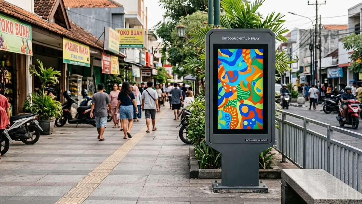 Perangkat digital signage outdoor generik di area komersial terbuka dengan layar bergambar abstrak
