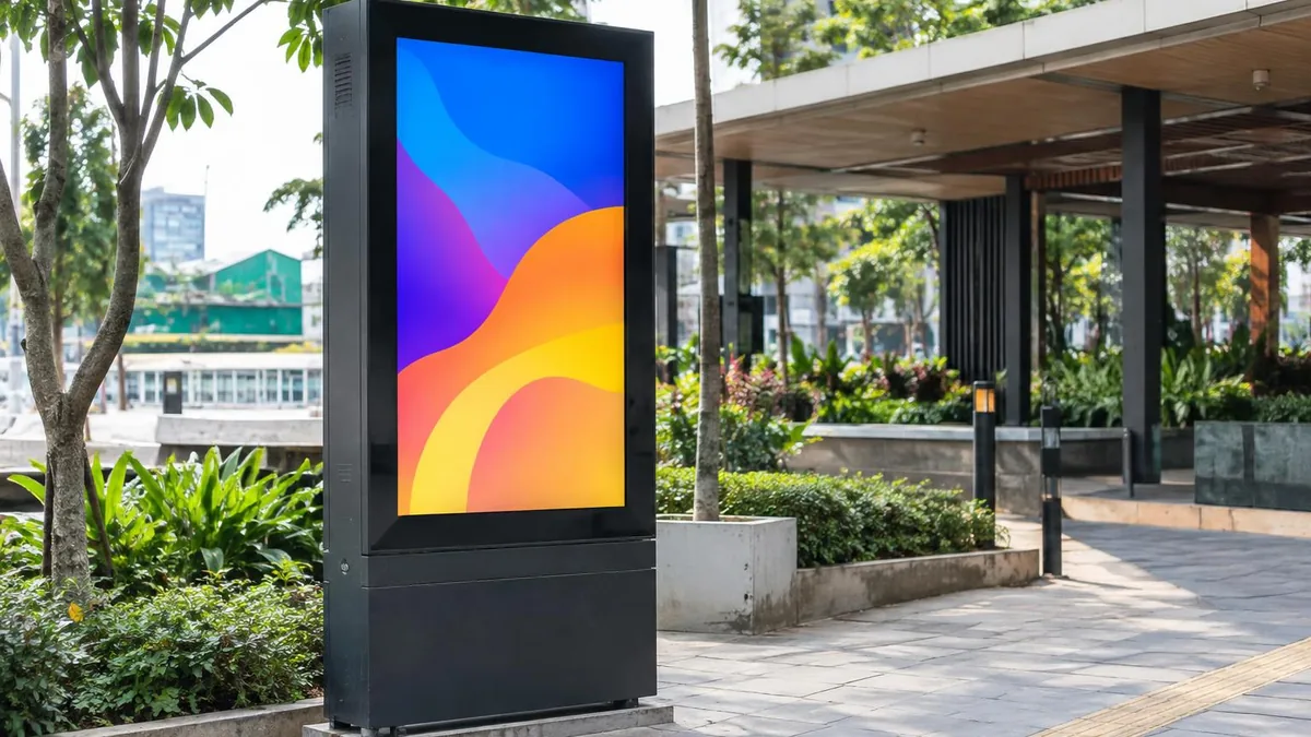 Perangkat digital signage outdoor generik di area komersial terbuka dengan layar bergambar abstrak