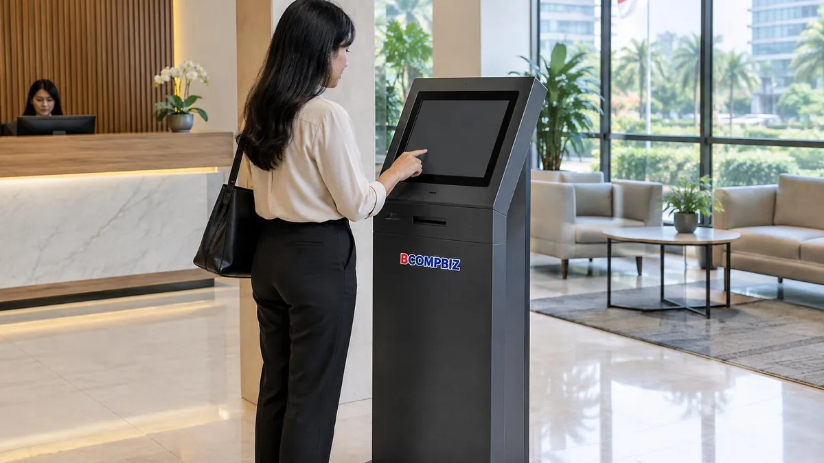 Kiosk modern tanpa merek di lobby kantor dengan pengunjung yang sedang menggunakannya