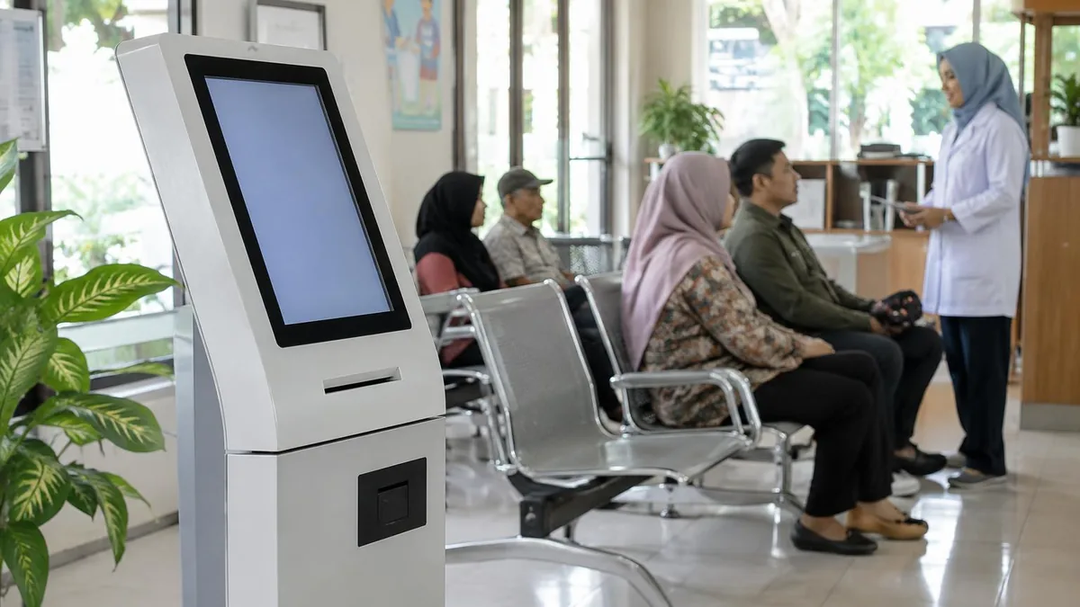 Kiosk antrian mandiri di area tunggu puskesmas dengan pasien dan petugas