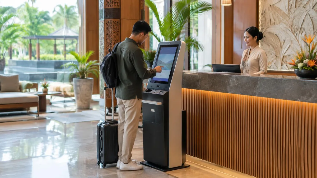Tamu menggunakan kiosk self service di lobi hotel dengan suasana terang dan nyaman