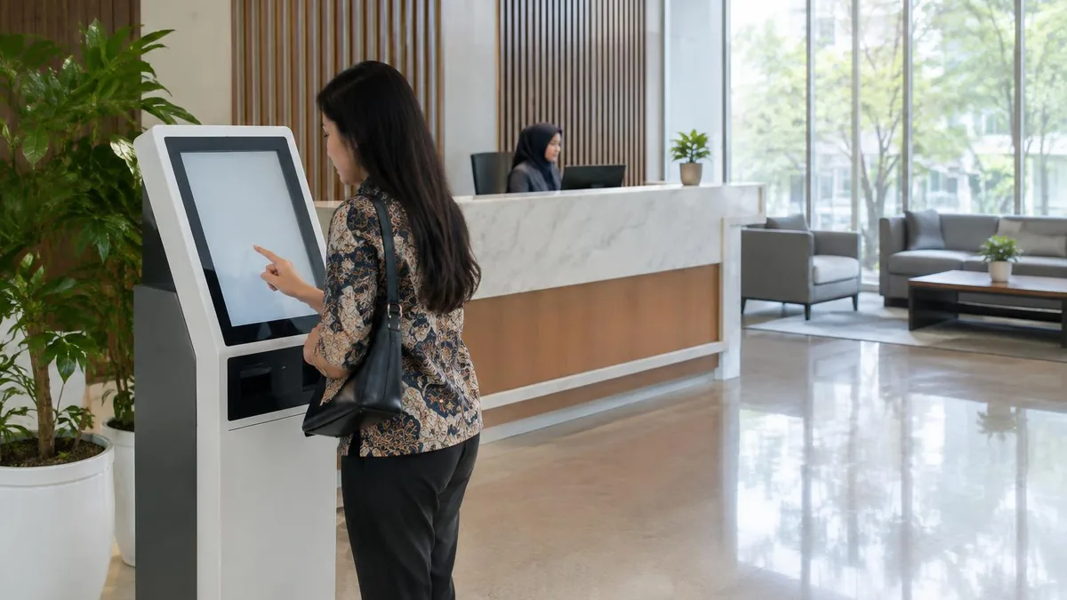 Kiosk modern tanpa merek di lobby kantor dengan pengunjung yang sedang menggunakannya