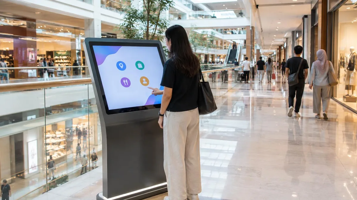 Kiosk informasi modern di area dalam mall dengan pengunjung di latar belakang