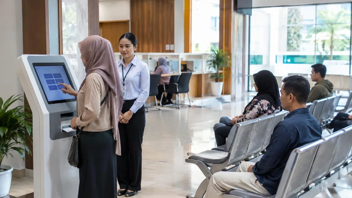 Kiosk antrian di area layanan kantor pemerintah dengan pemohon yang menunggu