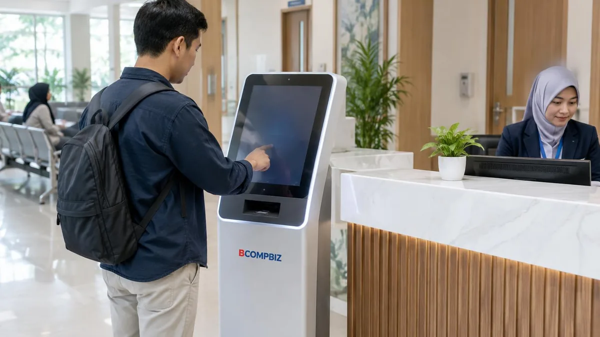 Pasien menggunakan kiosk antrian generik di area penerimaan rumah sakit
