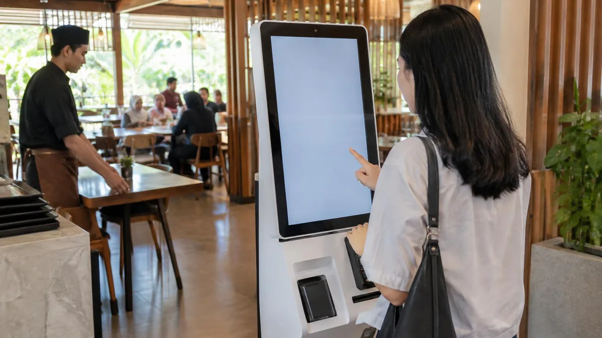 Pelanggan menggunakan kiosk pemesanan mandiri di dalam restoran