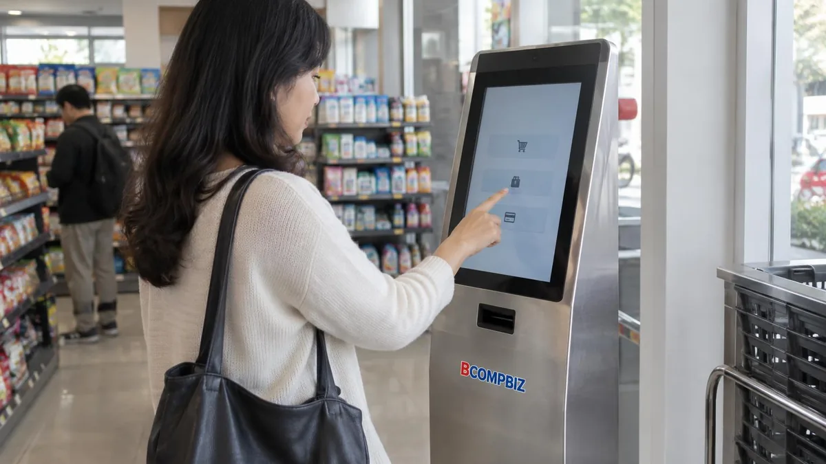 Pelanggan menggunakan kiosk self-service di dalam minimarket