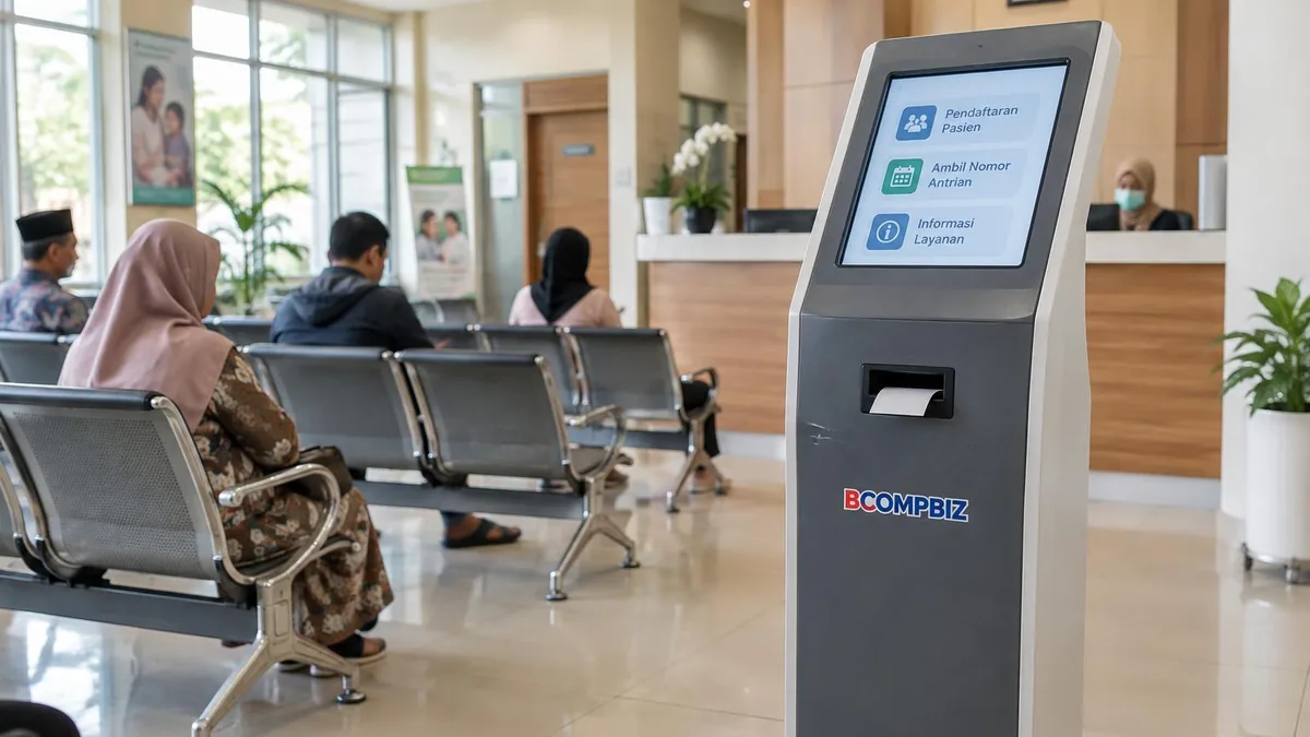 Mesin antrian digital modern di ruang tunggu klinik pratama untuk pelayanan pasien yang tertib dan efisien.