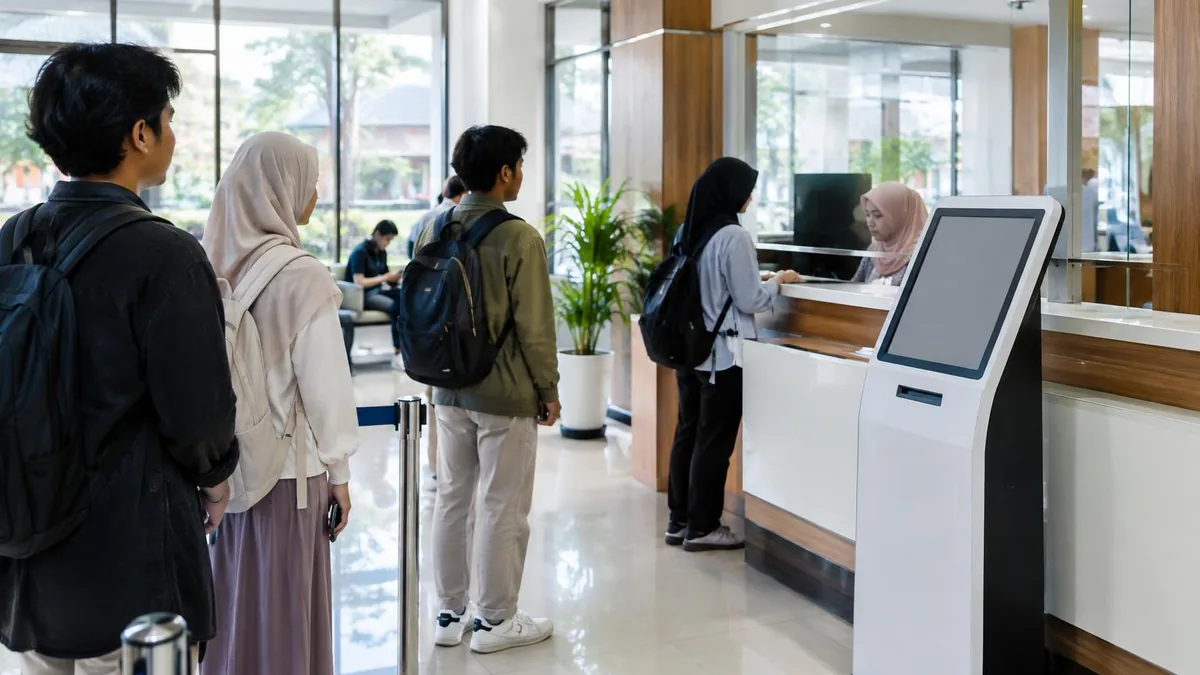Mesin antrian generik di area layanan administrasi kampus dengan mahasiswa menunggu giliran