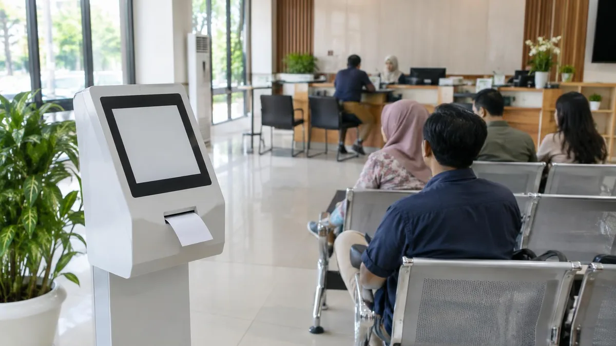 Mesin antrian modern di area tunggu kantor pelayanan administrasi kependudukan