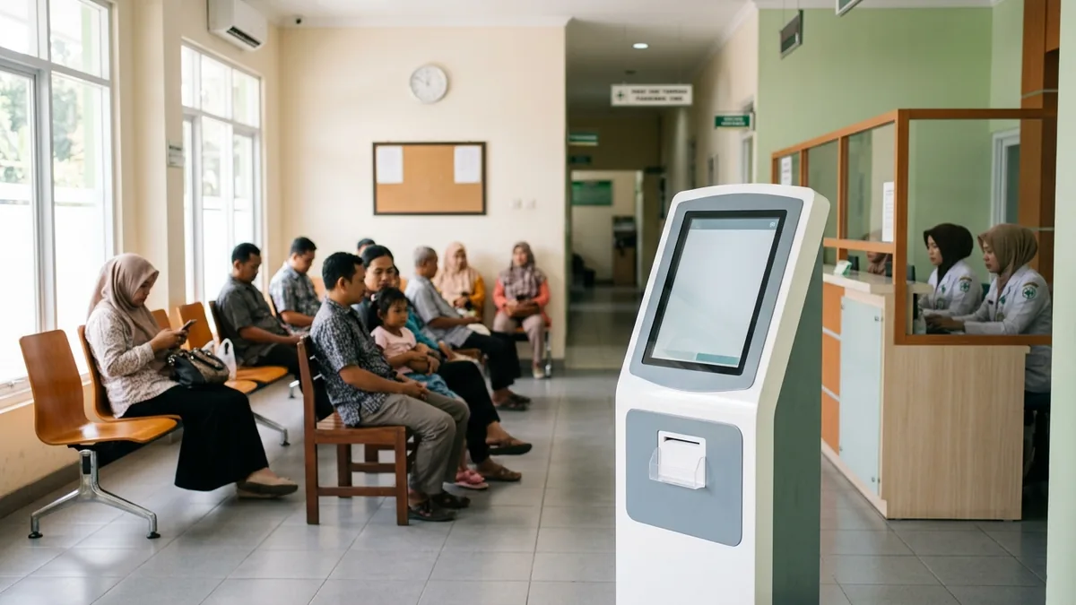 Mesin antrian digital modern di ruang tunggu klinik pratama untuk pelayanan pasien yang tertib dan efisien.