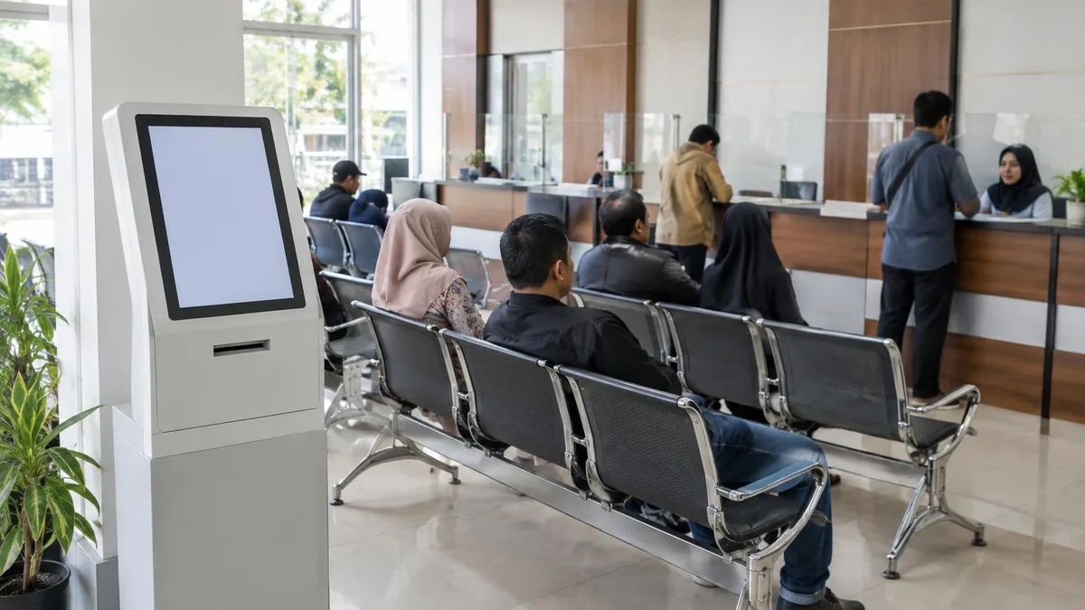 Mesin antrian generik di area pelayanan Samsat dengan pengunjung menunggu giliran