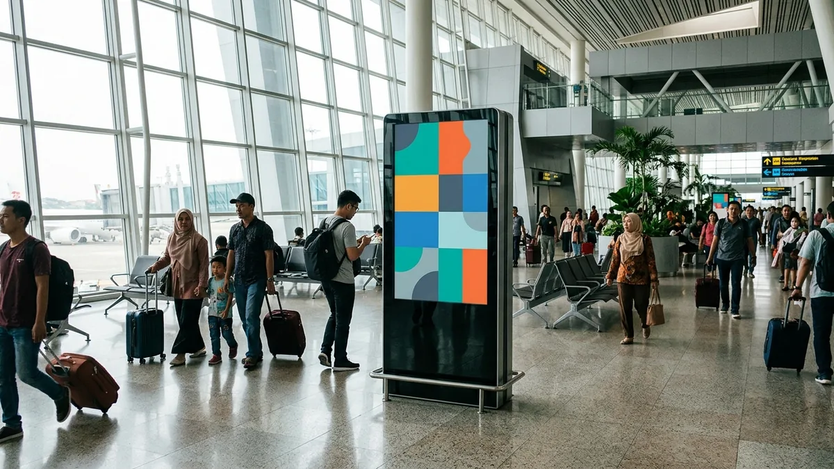 Layar digital signage generik di area terminal bandara dengan cahaya alami