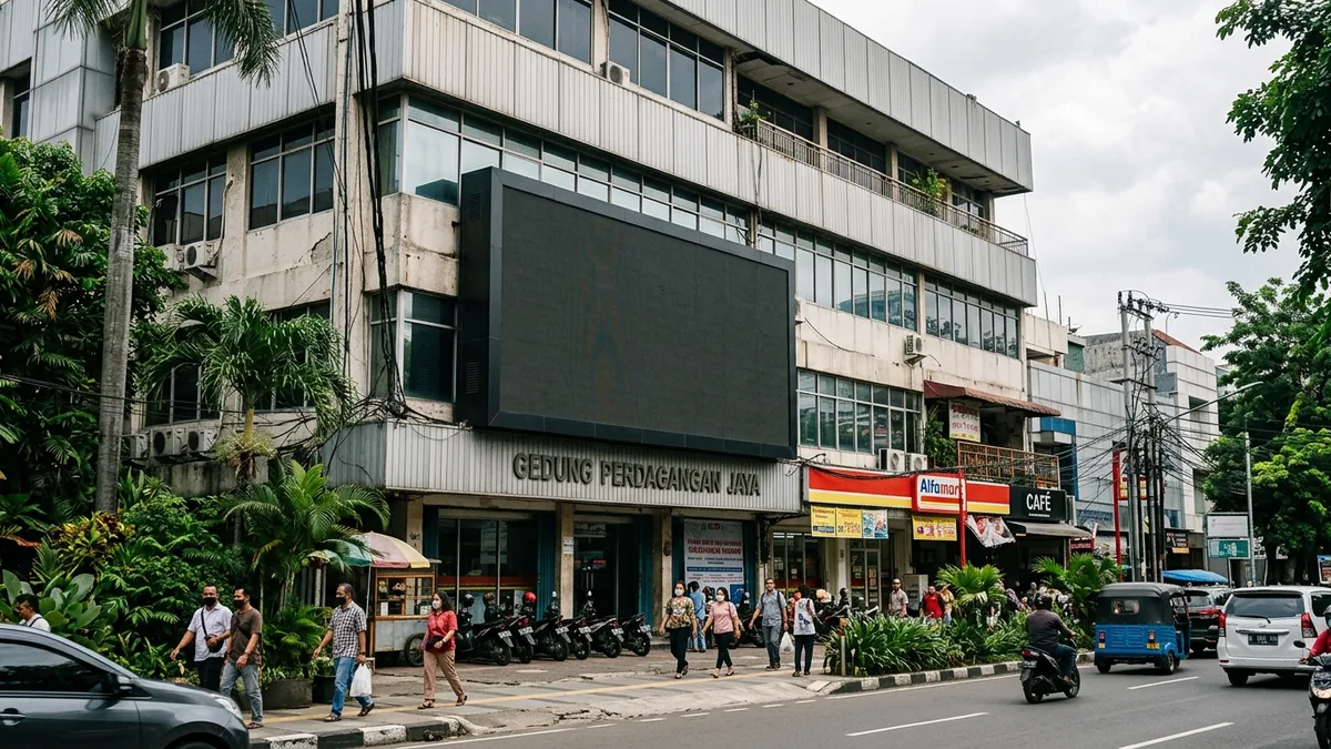 Videotron LED outdoor generik terpasang pada fasad bangunan komersial di lingkungan perkotaan Indonesia