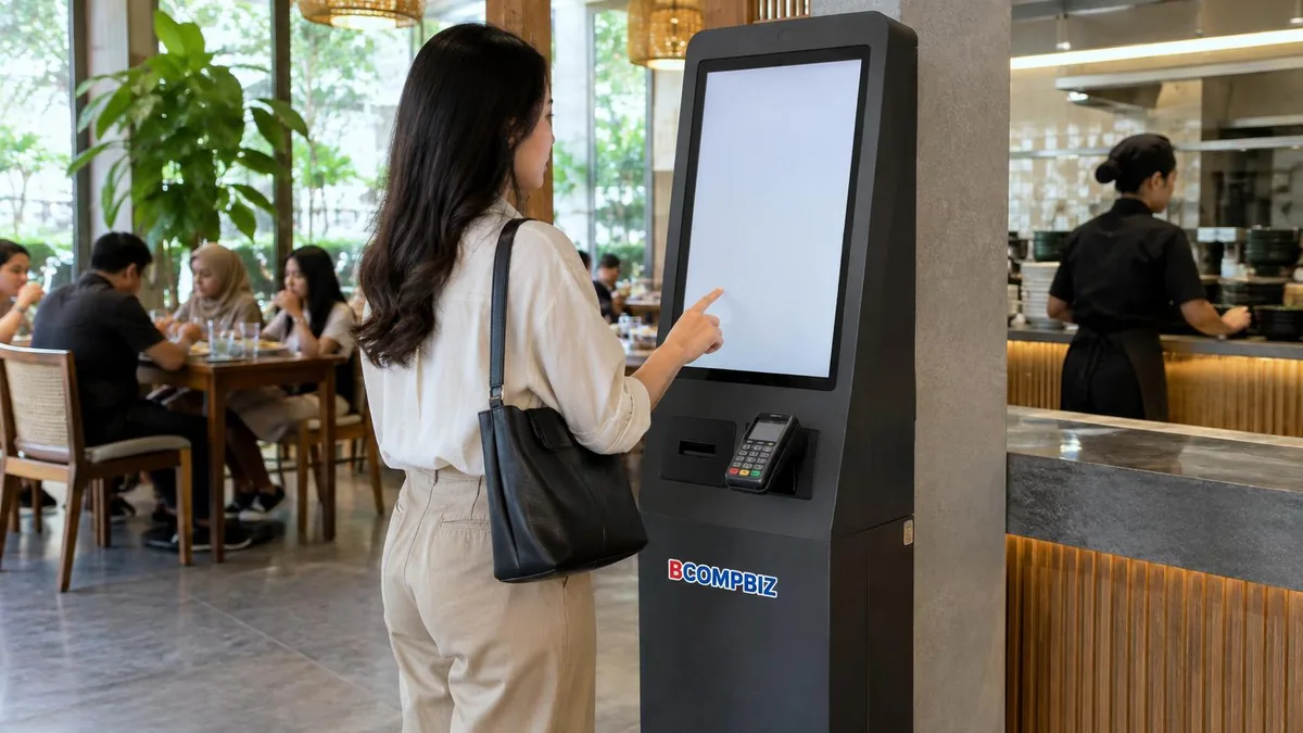 Pelanggan menggunakan kiosk pemesanan mandiri di dalam restoran