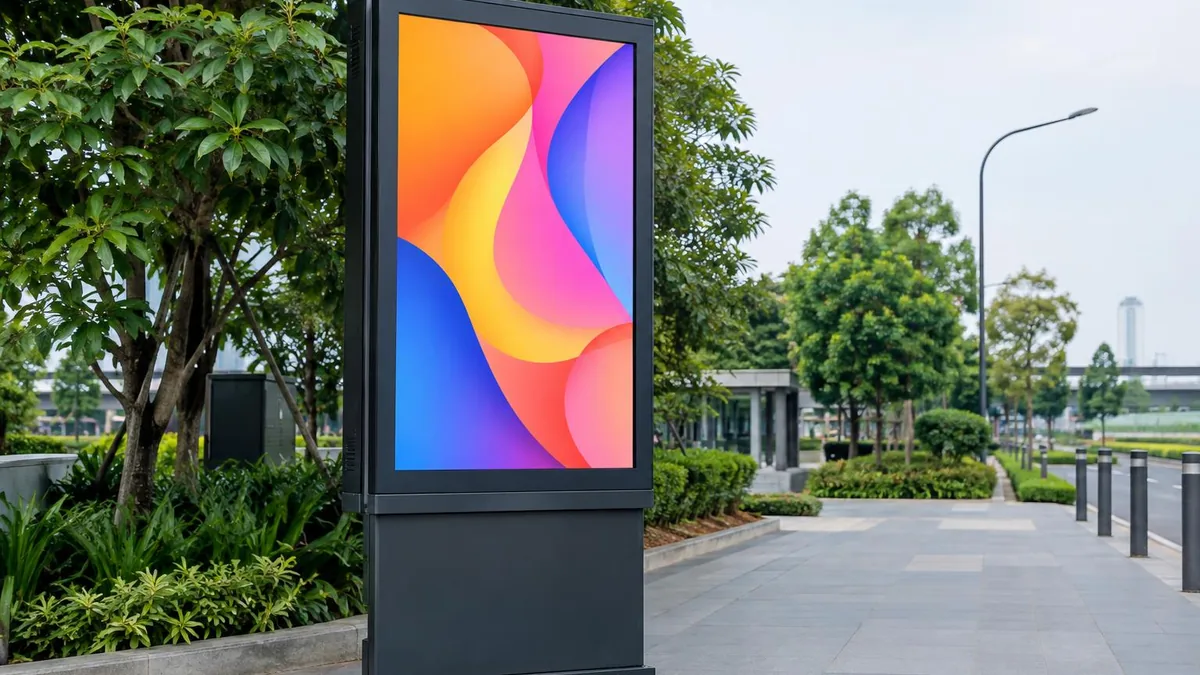 Perangkat digital signage outdoor generik di area komersial terbuka dengan layar bergambar abstrak