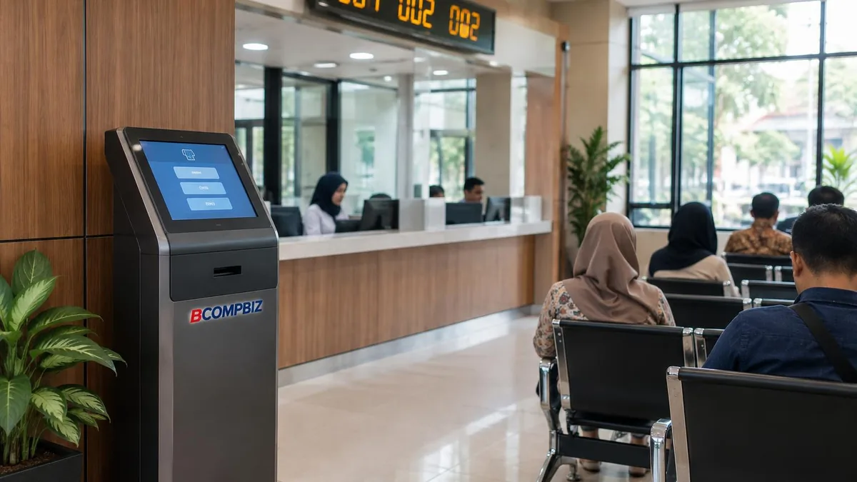 Display antrian LED terpasang di atas loket layanan pada ruang tunggu instansi dengan pencahayaan alami.