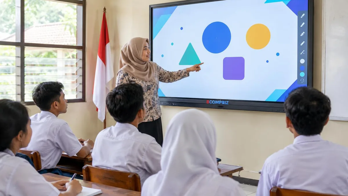 Guru dan siswa SMA menggunakan smartboard interaktif di ruang kelas
