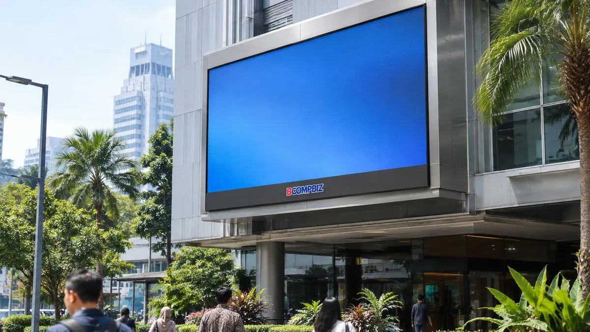 Videotron LED outdoor generik terpasang pada fasad bangunan komersial di lingkungan perkotaan Indonesia