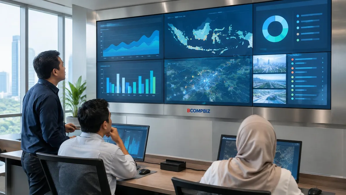 Videowall generik di ruang command center modern untuk memantau informasi operasional