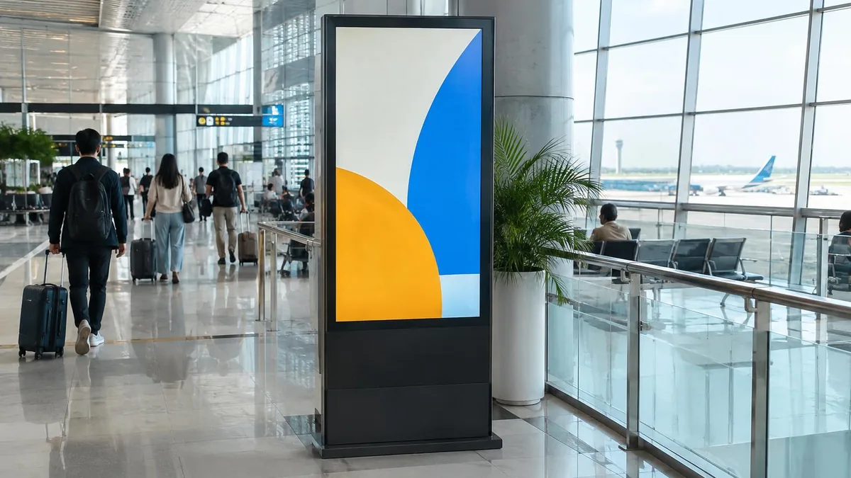 Layar digital signage generik di area terminal bandara dengan cahaya alami