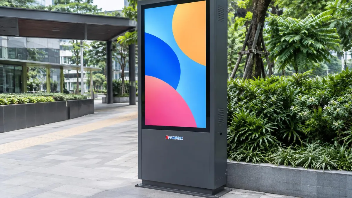 Perangkat digital signage outdoor generik di area komersial terbuka dengan layar bergambar abstrak