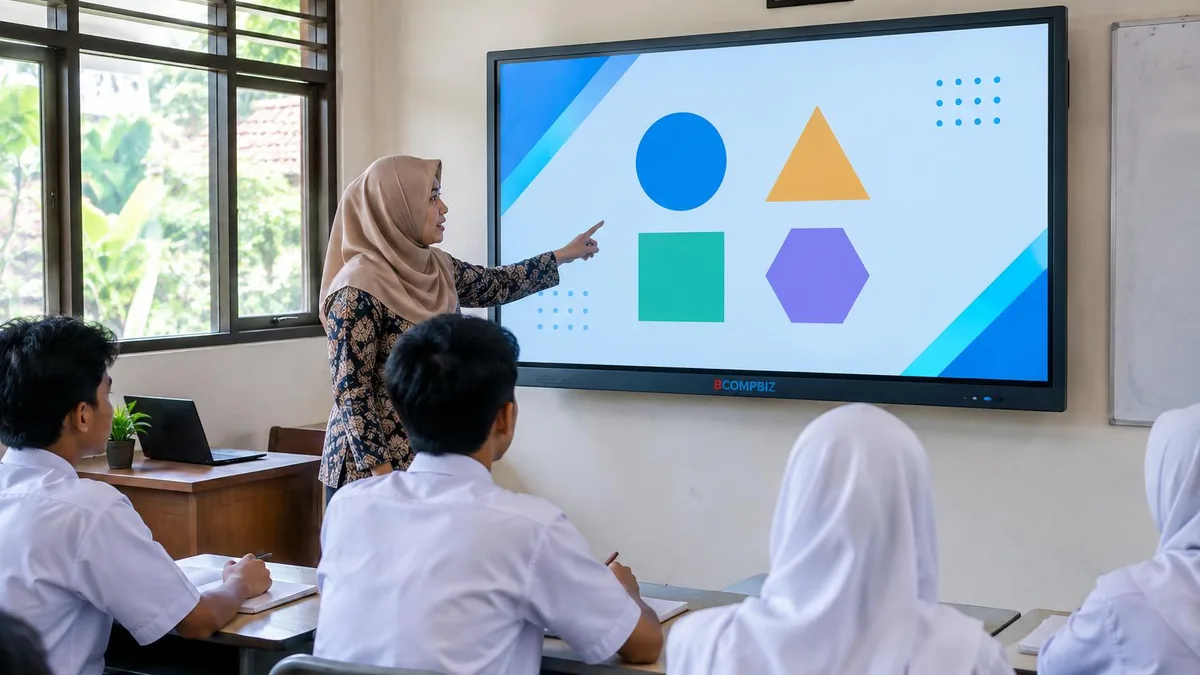 Guru dan siswa SMA menggunakan smartboard interaktif di ruang kelas