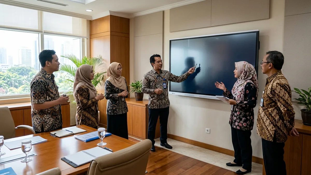 Smartboard interaktif generik di ruang rapat kantor pemerintah dengan pegawai berbatik sedang berdiskusi, tanpa merek atau logo.