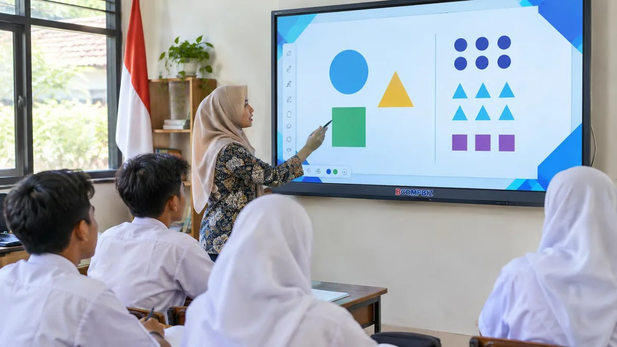 Guru dan siswa SMA menggunakan smartboard interaktif di ruang kelas