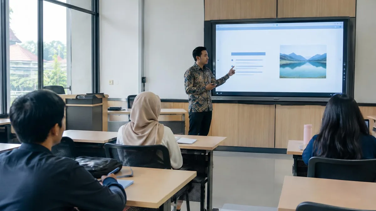 Pengajar menggunakan smartboard di ruang kuliah kampus dengan mahasiswa menyimak.