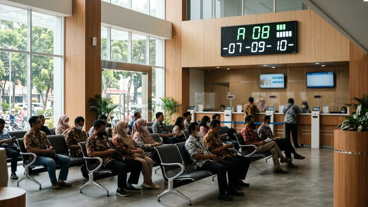 Display antrian LED terpasang di atas loket layanan pada ruang tunggu instansi dengan pencahayaan alami.