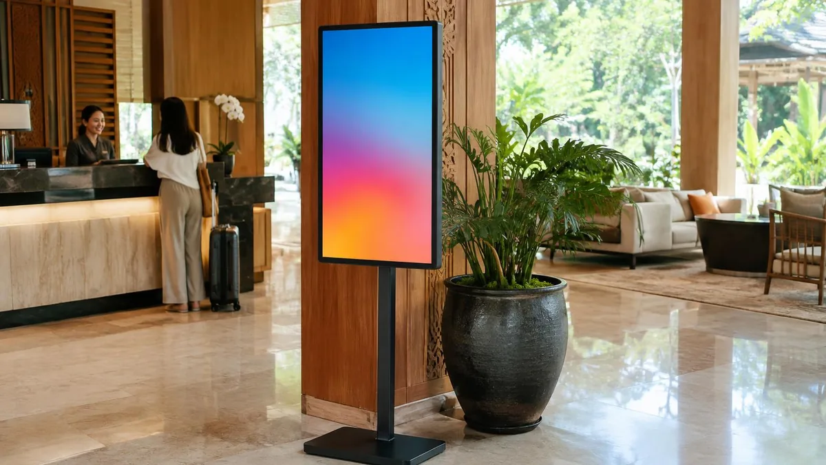 Layar digital signage generik di lobi hotel dengan pencahayaan alami
